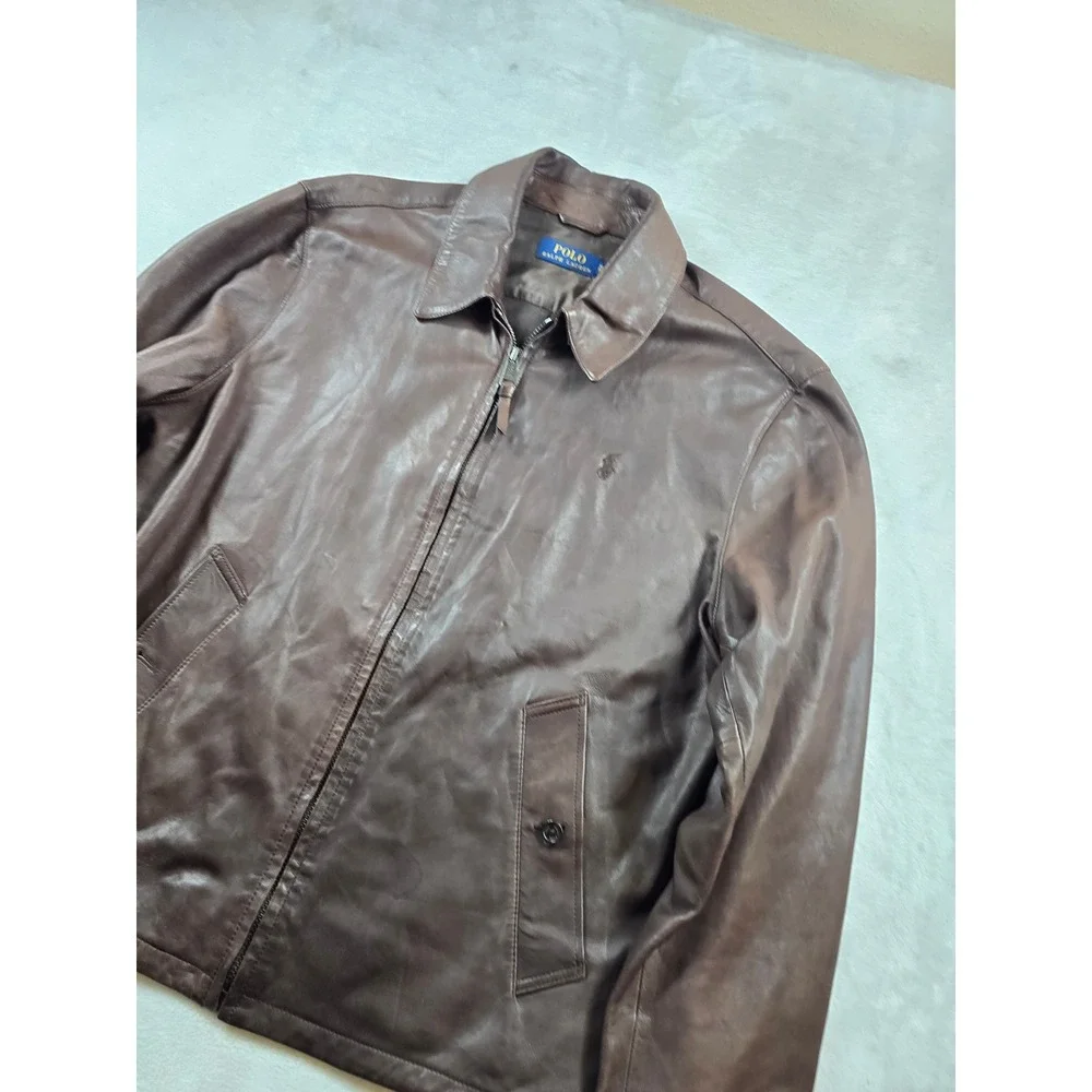 Polo Ralph Lauren Lamb Leather Jacket Mens XL Brown Lightweight Bi-Swing Pony